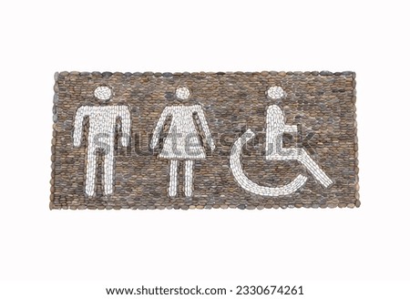 Signs icon modern public toilet or bathroom sign made from stone small pebbles stuck together in sheet brown of men, women, people disabilities. Symbol notifying people isolated on white background.