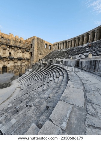 Aspendos or Aspendus was an ancient Greco-Roman city in Antalya province of Turkey. Royalty-Free Stock Photo #2330686179