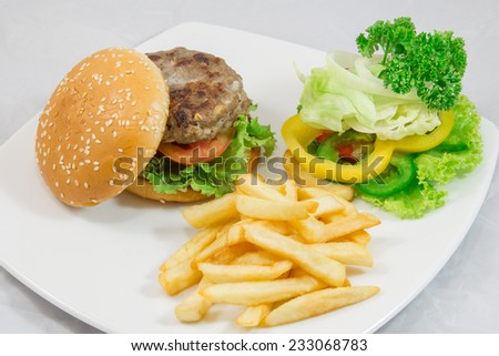 hamburger with salad potato fired