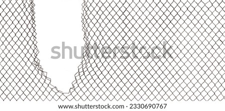 Torn rusty chain link fence texture background, horizontal isolated broken old aged weathered rusted iron, perimeter security hole concept metaphor, grungy damaged vintage panorama macro closeup Royalty-Free Stock Photo #2330690767