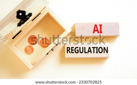 AI regulation symbol. Concept words AI artificial intelligence regulation on wooden blocks. Beautiful white table white background. Business AI artificial intelligence regulation concept. Copy space.