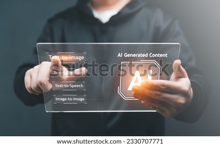 AI, Artificial Intelligence, AI generated content Concept. Artist Man using AI Art to generate image content. Text to image command prompt generates, technology Business, futuristic transformation. Royalty-Free Stock Photo #2330707771