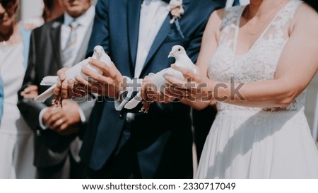 Bride and groom holding pigeon as a symbol for lasting marriage, together forever.