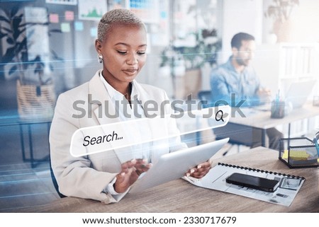 Woman, business and tablet search engine for information hologram, SEO graphic and iot research. Creative, worker and African employee on digital web technology, internet and office browsing overlay