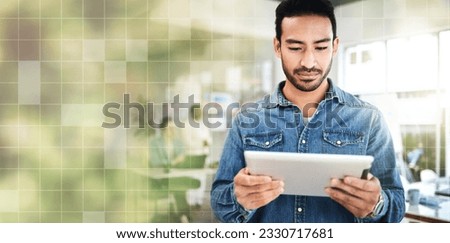 Tablet, overlay and businessman typing in mockup space working for startup financial growth on a website, web or internet. Serious, technology and employee planning a digital and finance proposal
