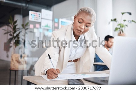 Business woman, writing focus and graphic designer with notes and information for project. Company, African female person and design in office with pen and document for website work at agency