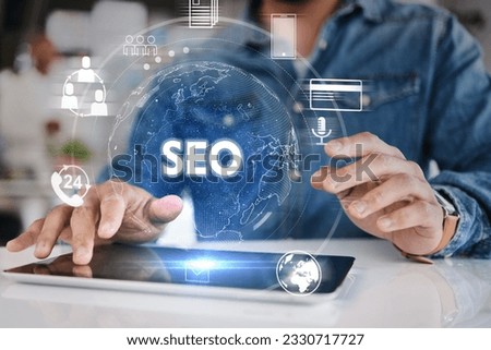 Hands, business and tablet for seo hologram, networking and 3D world graphic for target audience research. Closeup worker, person or digital technology of globe overlay for search engine optimization