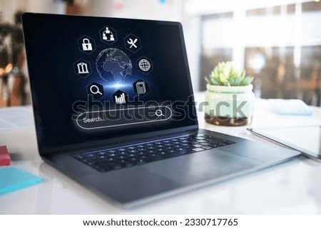 Search bar, internet and website with laptop screen in office for networking, digital and technology. Ux, data and iot with computer in agency for app, global communication and research