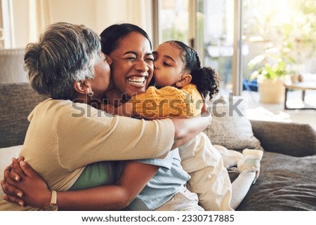 Grandma, mother and hug child, kiss in home and bonding together, funny and laughing. Happy, mom and embrace kid, grandmother and smile with care, love and enjoying quality time on sofa with family.
