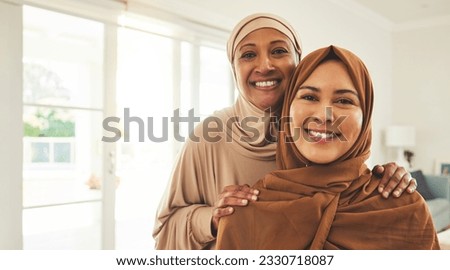 Happy portrait, senior mother and muslim daughter, family or women bonding, smile and enjoy quality time together. Love, face and elderly mom, Islamic woman or Arabic people in Dubai holiday home Royalty-Free Stock Photo #2330718087