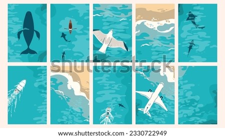 Sea waves, coastline top aerial view vector background set. Beach, sand, ocean shore with blue waves, foam. Top view above seaside with boats, airplane, whale and shark. Summer travel. Royalty-Free Stock Photo #2330722949