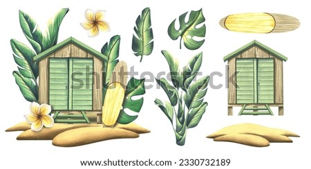 Wooden beach house, cabin with surfboard on a tropical island among palm trees. Watercolor illustration hand drawn. Set isolated elements on a white background