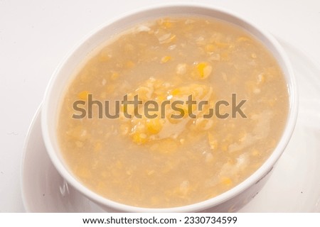 Sweet corn soup. Is a popular Chinese-Japanese delicacy all over Japanese. Arabic, Chinese cuisine pictures, isolated on White background.
