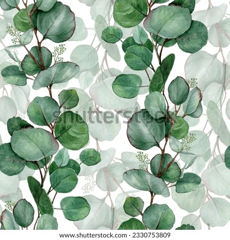 Watercolor eucalyptus leaves branches seamless pattern on white background. Hand-drawn leaf gift wrap design, hand-drawn watercolor digital paper