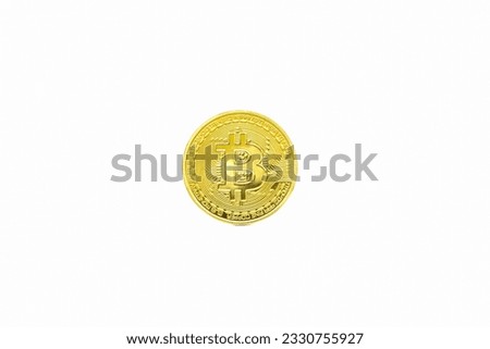  Golden bitcoin coin on white background. Close up of single  golden bitcoin coins isolated on white background. business and finance concept