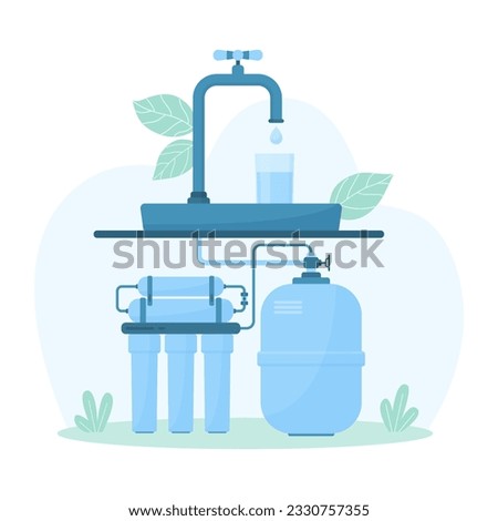 Home water purification vector illustration. Cartoon infographic scheme of filtration system for home use, filter containers and plastic tank for water storage under tap in kitchen or bathroom Royalty-Free Stock Photo #2330757355