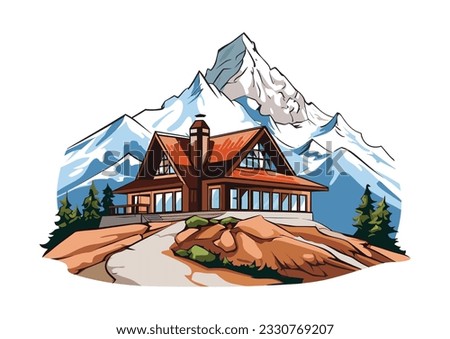 A captivating vector illustration of a charming house, guest house, or hotel nestled amidst the awe-inspiring beauty of mountain scenery Royalty-Free Stock Photo #2330769207
