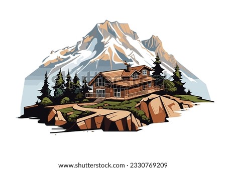 A captivating vector illustration of a charming house, guest house, or hotel nestled amidst the awe-inspiring beauty of mountain scenery Royalty-Free Stock Photo #2330769209