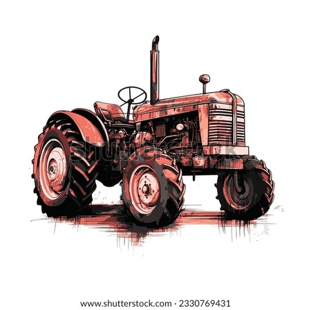 Farm tractor retro sketch. Agricultural machinery vector illustration Royalty-Free Stock Photo #2330769431