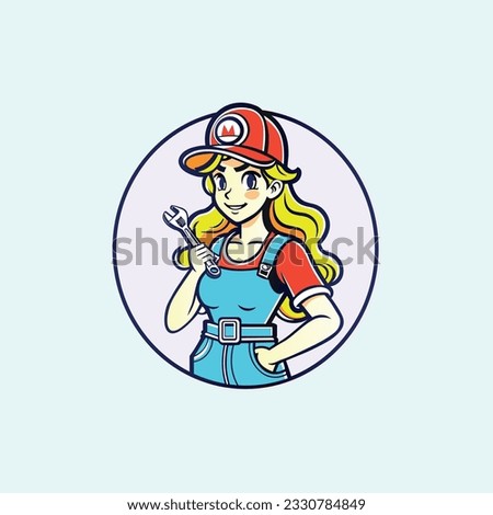 Creative design of a mascot of a pretty and young girl plumber with an adjustable wrench in her hand in cartoon anime style with a cute smile on her beautiful face