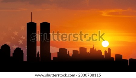 New York skyline silhouette with Twin Towers and USA flag at sunset. 09.11.2001 American Patriot Day banner. Royalty-Free Stock Photo #2330788115