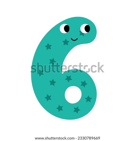 Cute number six character for kids. Leaning numbers for preschool. Doodle number 6 in cartoon style. Vector illustration