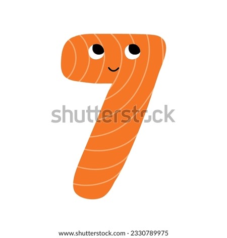 Cute number seven character for kids. Leaning numbers for preschool. Doodle number 7 in cartoon style. Vector illustration