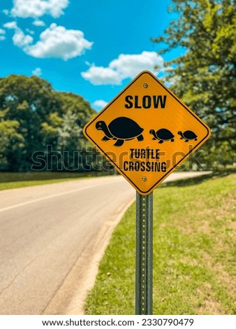 Yellow warning sign, "Slow Turtle Crossing" warning motorists to slow down as turtles may be crossing the road up ahead.