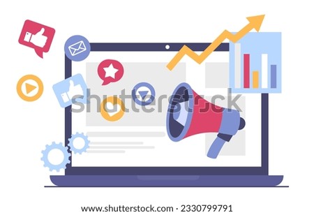 Internet advertising at laptop concept. Online marketing and electronic commerce. Promotion in social networks and search engines. Graphs and charts. Cartoon flat vector illustration Royalty-Free Stock Photo #2330799791