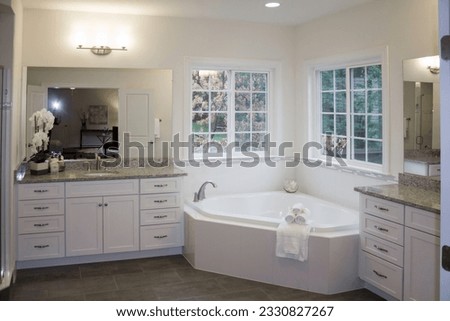 Picture of a master bathroom with two vanities and a large tub