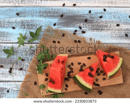 Watermelon, wooden background, summer, top view, place for text, background image, for presentations
