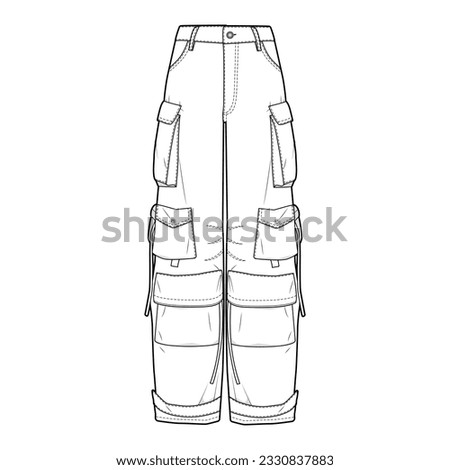 Nylon wide long pants front view fashion flat sketch for Tech Pack. Trousers street style Multi-pocket, CAD drawing, black and white, vector graphics for garment production apparel brand, womenswear Royalty-Free Stock Photo #2330837883