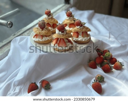 Chu cream fresh strawberry. Strawberry chu cream recipe in a plate on white background. Closeup chu cream and strawberry with vanilla cream. Bakery picture free space for text.