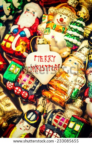 christmas baubles, toys and ornaments. vintage colorful decorations. Merry Christmas! retro style toned picture