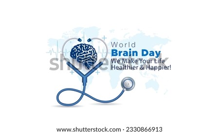 Vector illustration of World Brain Day awareness. Health care clinic concept. Brain design with doctor stethoscope and world map on white background.