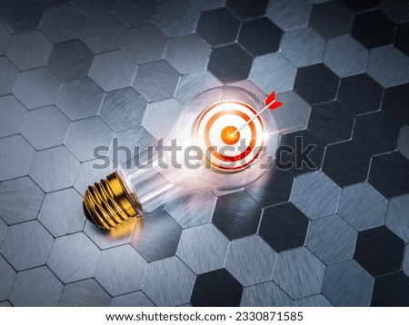 Digital marketing business success concept. 3d target dart icon in creative idea light bulb glowing on hexagon pattern floor background. Creative motivation and technology for business successful.