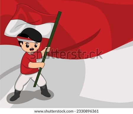 independence day of indonesian. hero kid hold indonesian flag