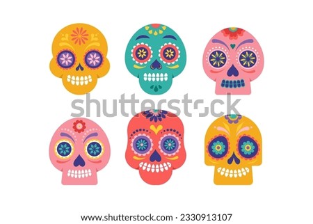 Colorful skulls, Mexican sugar skulls for Day of the dead, dia de los muertos. Modern flat style, vector illustration