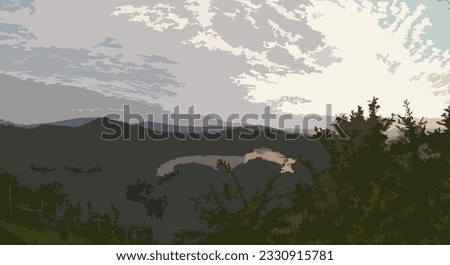 landscape illustration with lake and mountains