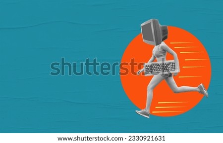Art collage, runner with monitor instead of head, holding keyboard on blue background with copy space. The concept of freelancing and work.