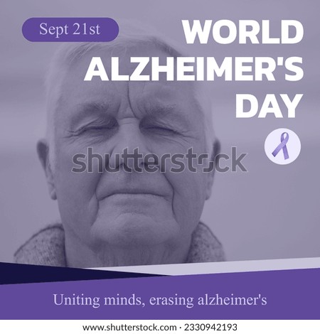 Composition of world alzheimer's day text over senior caucasian man with eyes closed. World alzheimer's day and celebration concept digitally generated image.