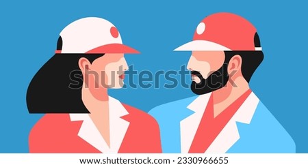 Couple in love. Man and woman wearing summer clothes and baseball caps, face to face. Male and female portraits, side view, blue background. Vector illustration