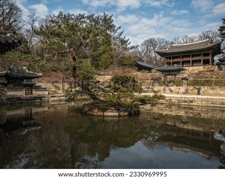 The shore of the pond in the Secret Garden in Changgyeonggung Palace. The palace was built by King Sejong and was one of the five grand palaces of the Joseon dynasty. Royalty-Free Stock Photo #2330969995