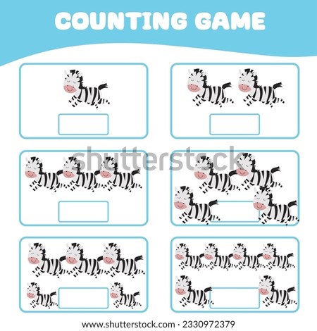 Mathematic counting worksheet. Count the image of zebra and write the number. Math worksheet for kids. Educational printable page. Math fun game for children. Vector illustration.