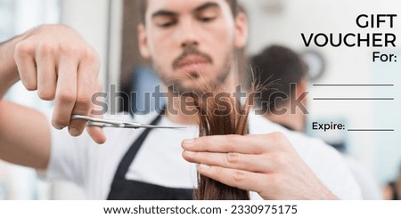 Composition of gift voucher text over caucasian male hairdresser cutting hair at hair salon. Gift certificates, hair salon, business and beauty concept digitally generated image.