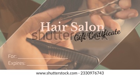 Composition of gift certificate text over hands of biracial female hairdresser giving cutting hair. Gift certificates, hair salon, business and beauty concept digitally generated image.
