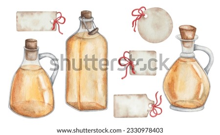Watercolor set of illustrations. Hand painted yellow virgin olive oil in glass jugs, pitcher, square bottle with cork. Paper tag, label with red ribbon. Sunflower oil. Orange juice. Isolated clip art