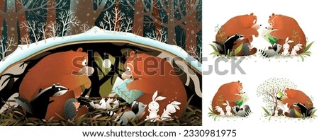 Bear reading a story book to animals bunny badger and raccoon in the forest den or burrow. Cute kids animals reading book, clip art collection and a poster . Cute vector illustrations for children.