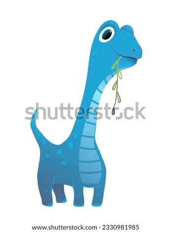 Cute Smiling Blue Dinosaur Friendly Dino Eats Grass, Kids Illustration. Funny tall dino clip art, adorable character design for kids. Vector character colorful clipart cartoon for children.