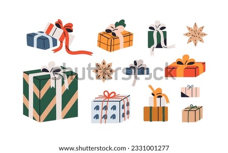 Gift boxes set. Holiday presents wrapped in festive paper wrapping, decorated with ribbon bows, strings and twines. Surprises in giftboxes. Flat vector illustrations isolated on white background